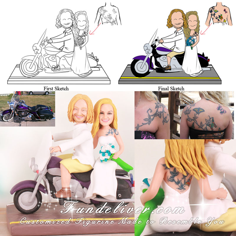 Harley Davison Bride and Groom Cake Toppers with Tattoos
